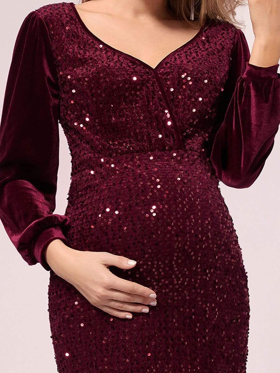 Color=Burgundy | Classic V Neck Sequin & Velvet Maternity Dress-Burgundy 5