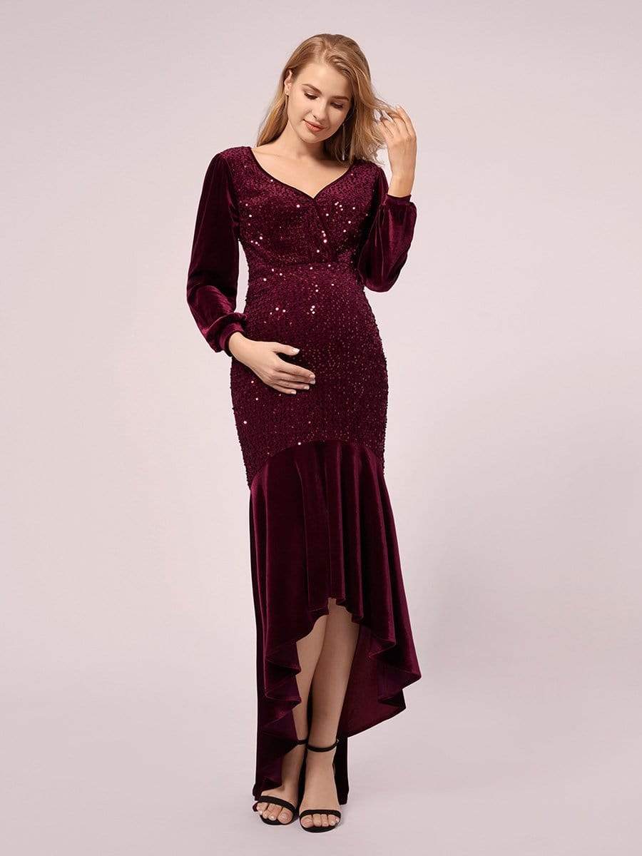Color=Burgundy | Classic V Neck Sequin & Velvet Maternity Dress-Burgundy 1