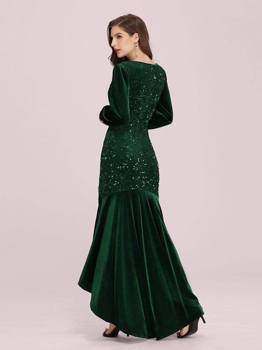 Color=Dark Green | Gorgeous V Neck Sequin & Velvet High-Low Plus Size Party Dress-Dark Green 2