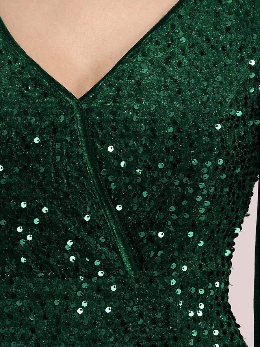 Color=Dark Green | Gorgeous V Neck Sequin & Velvet High-Low Plus Size Party Dress-Dark Green 5