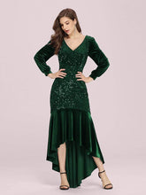Color=Dark Green | Gorgeous V Neck Sequin & Velvet High-Low Plus Size Party Dress-Dark Green 1