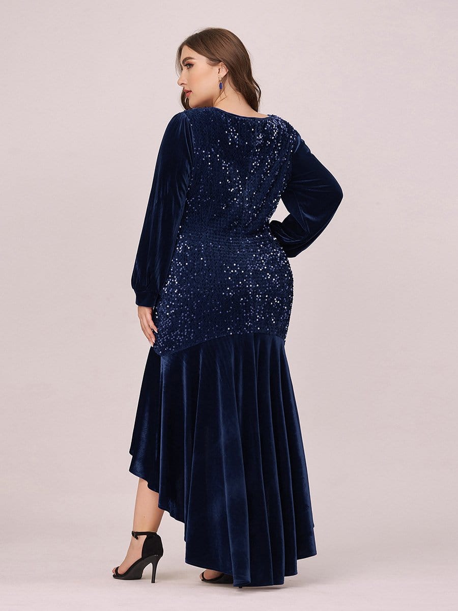 Color=Navy Blue | Gorgeous V Neck Sequin & Velvet High-Low Plus Size Party Dress-Navy Blue 3