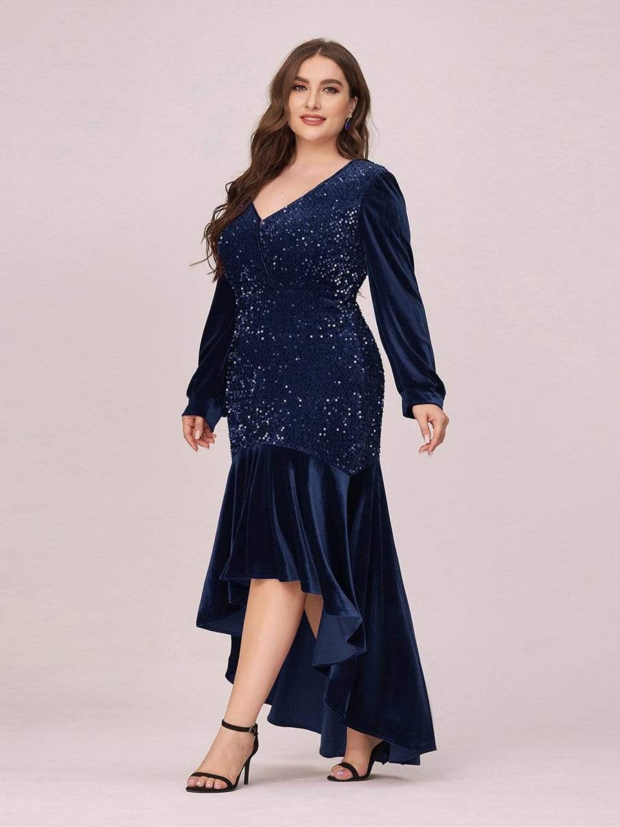 Color=Navy Blue | Gorgeous V Neck Sequin & Velvet High-Low Plus Size Party Dress-Navy Blue 3