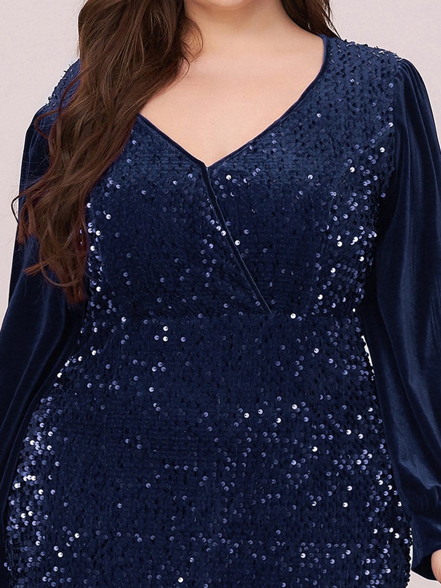 Color=Navy Blue | Gorgeous V Neck Sequin & Velvet High-Low Plus Size Party Dress-Navy Blue 5