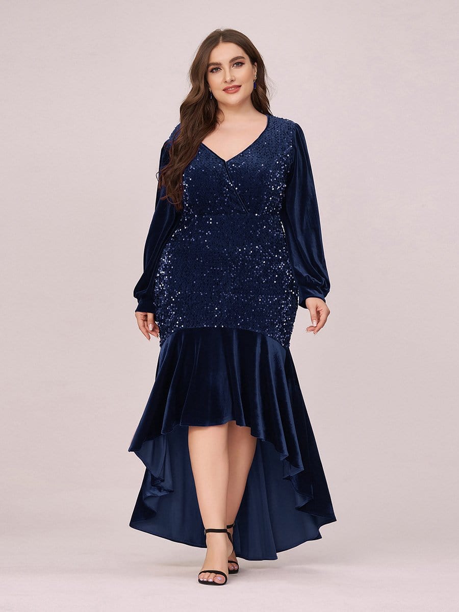 Color=Navy Blue | Gorgeous V Neck Sequin & Velvet High-Low Plus Size Party Dress-Navy Blue 2