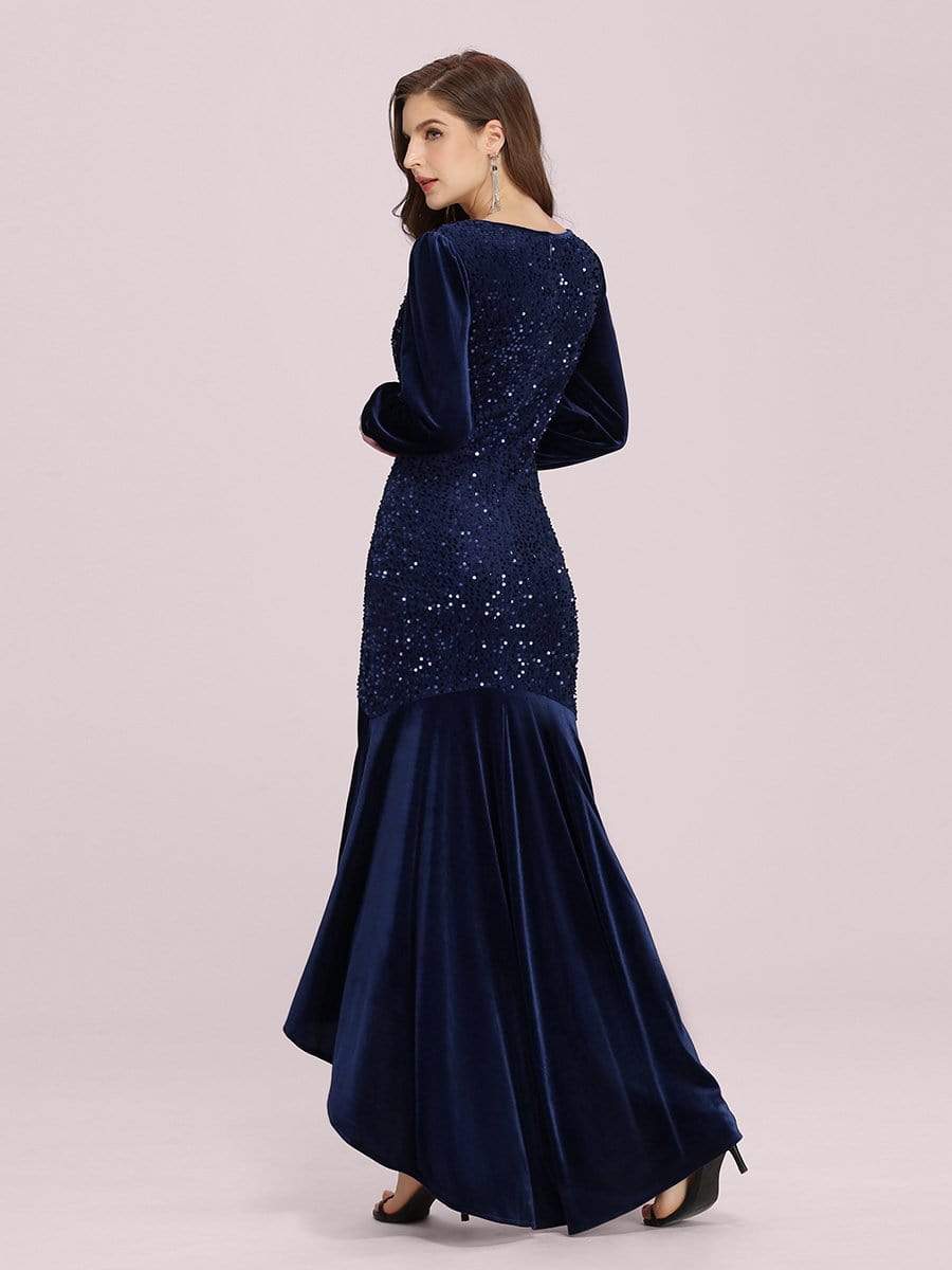 Color=Navy Blue | Gorgeous V Neck Sequin & Velvet High-Low Plus Size Party Dress-Navy Blue 2