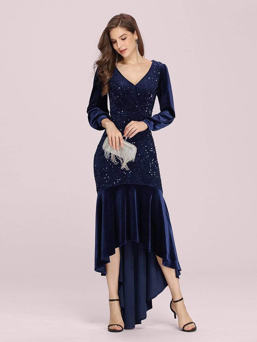 Color=Navy Blue | Gorgeous V Neck Sequin & Velvet High-Low Plus Size Party Dress-Navy Blue 1