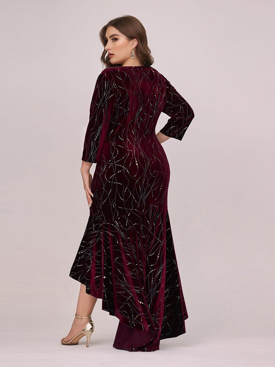 Color=Burgundy | Elegant Plus Size Bodycon High-Low Velvet Party Dress-Burgundy 2