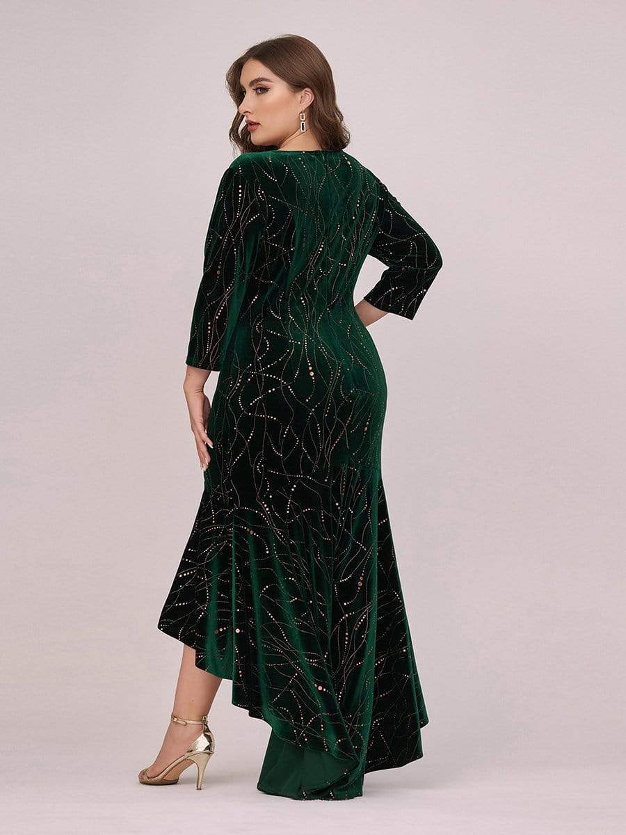 Color=Dark Green | Elegant Plus Size Bodycon High-Low Velvet Party Dress-Dark Green 2