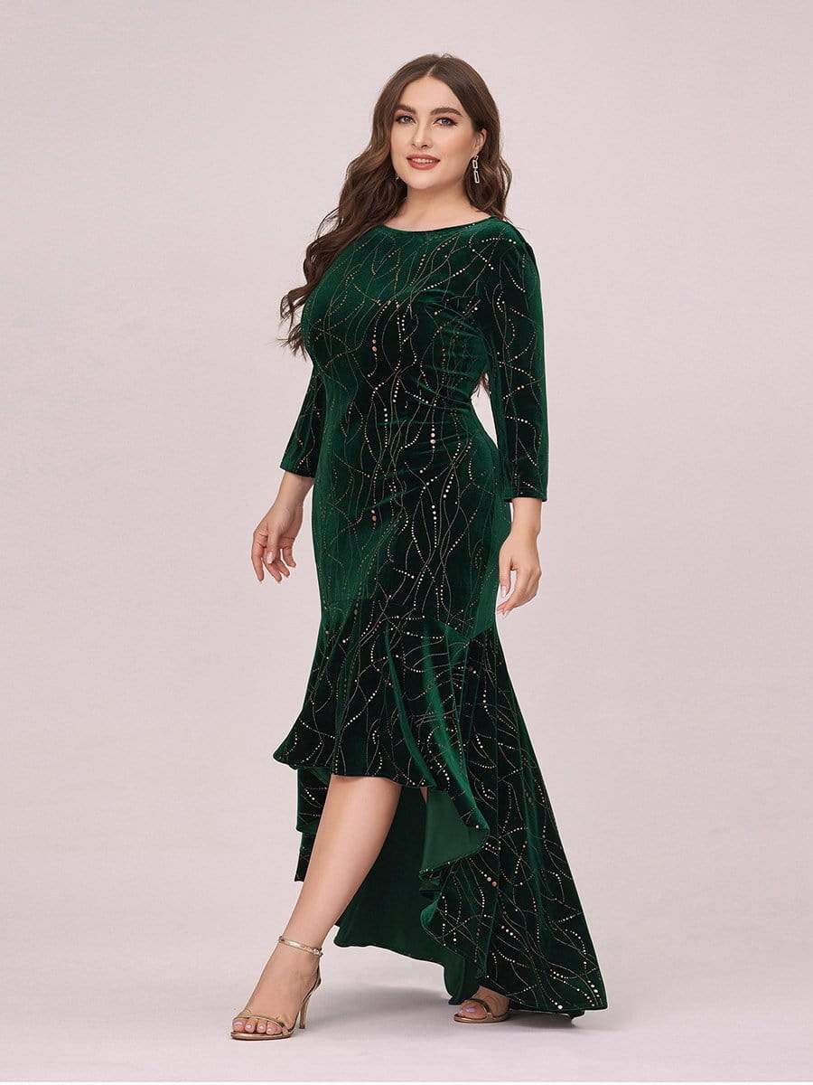Color=Dark Green | Elegant Plus Size Bodycon High-Low Velvet Party Dress-Dark Green 3