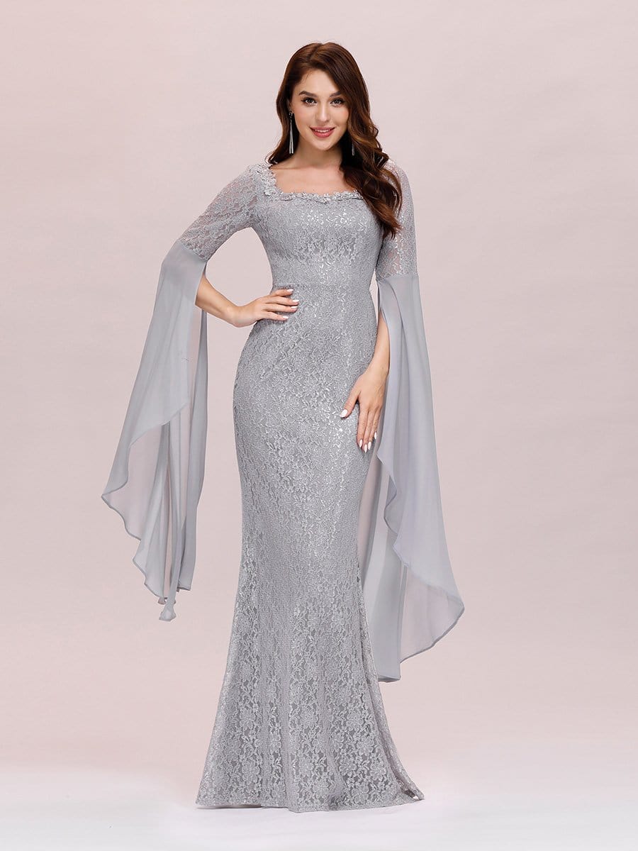 Color=Grey | Stylish Fishtail Squre Neckline Prom Dress With Angle Sleeves-Grey 5