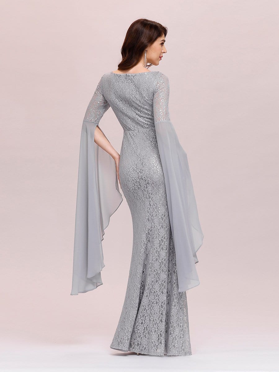 Color=Grey | Stylish Fishtail Squre Neckline Prom Dress With Angle Sleeves-Grey 5
