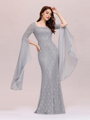 Color=Grey | Stylish Fishtail Squre Neckline Prom Dress With Angle Sleeves-Grey 5