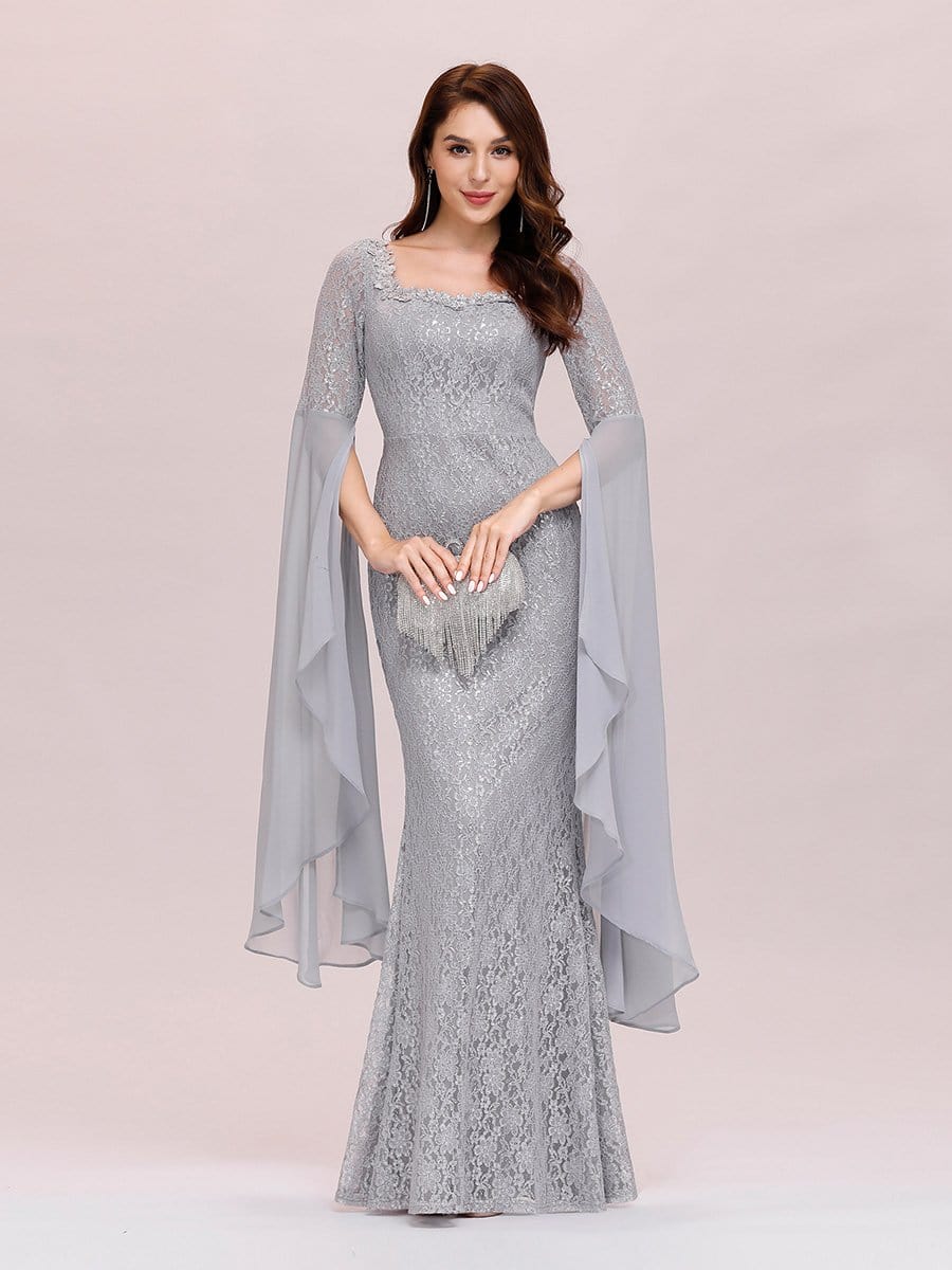 Color=Grey | Stylish Fishtail Squre Neckline Prom Dress With Angle Sleeves-Grey 5