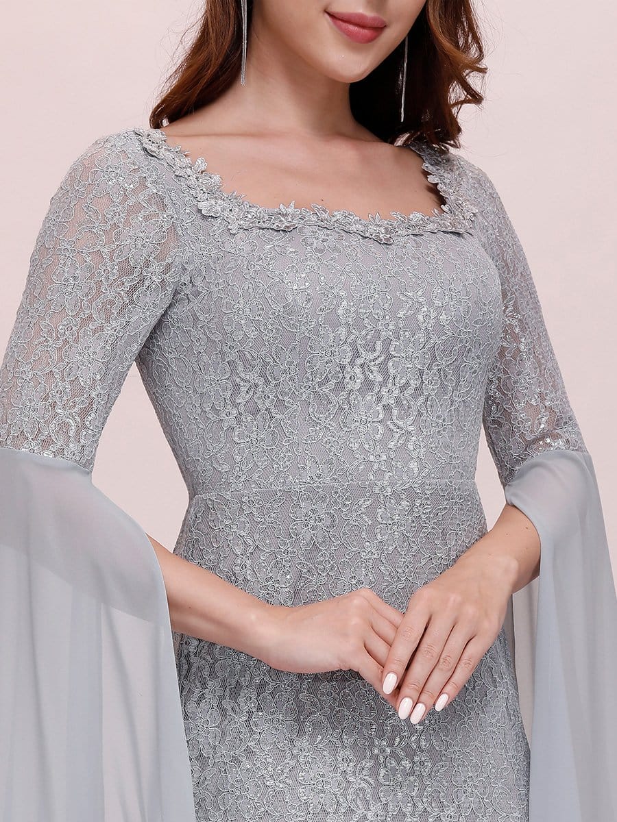 Color=Grey | Stylish Fishtail Squre Neckline Prom Dress With Angle Sleeves-Grey 5