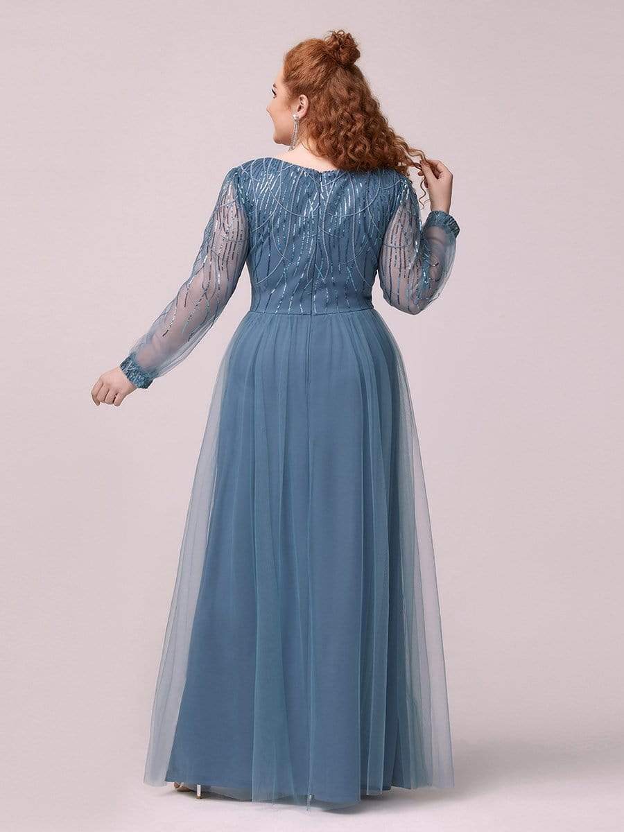 Color=Dusty Navy | Elegant Plus Size Tulle Maxi Long Evening Dress with Sequin-Dusty Navy 2