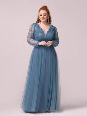 Color=Dusty Navy | Elegant Plus Size Tulle Maxi Long Evening Dress with Sequin-Dusty Navy 4