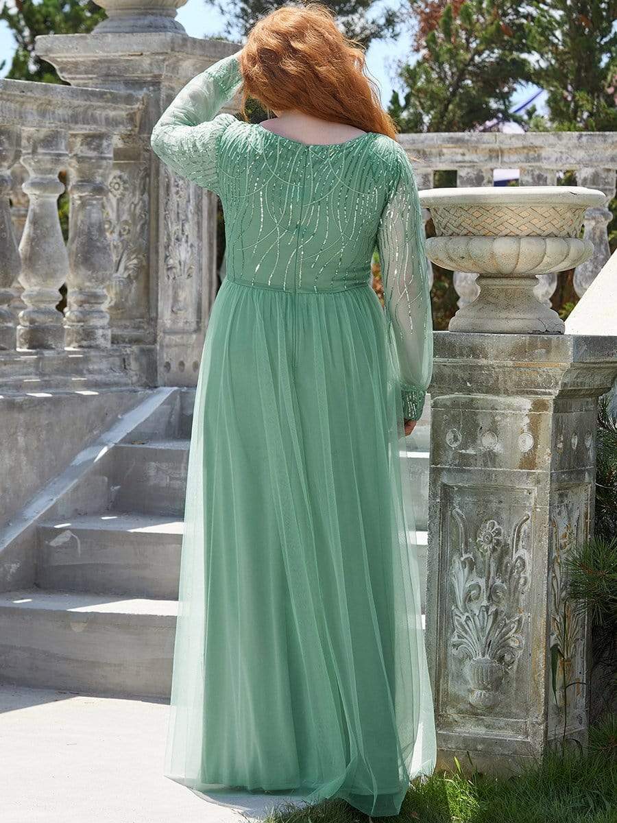 Color=Green Bean | Sexy Deep V Neck Sequin & Tulle Maxi Long Evening Dress-Green Bean 7