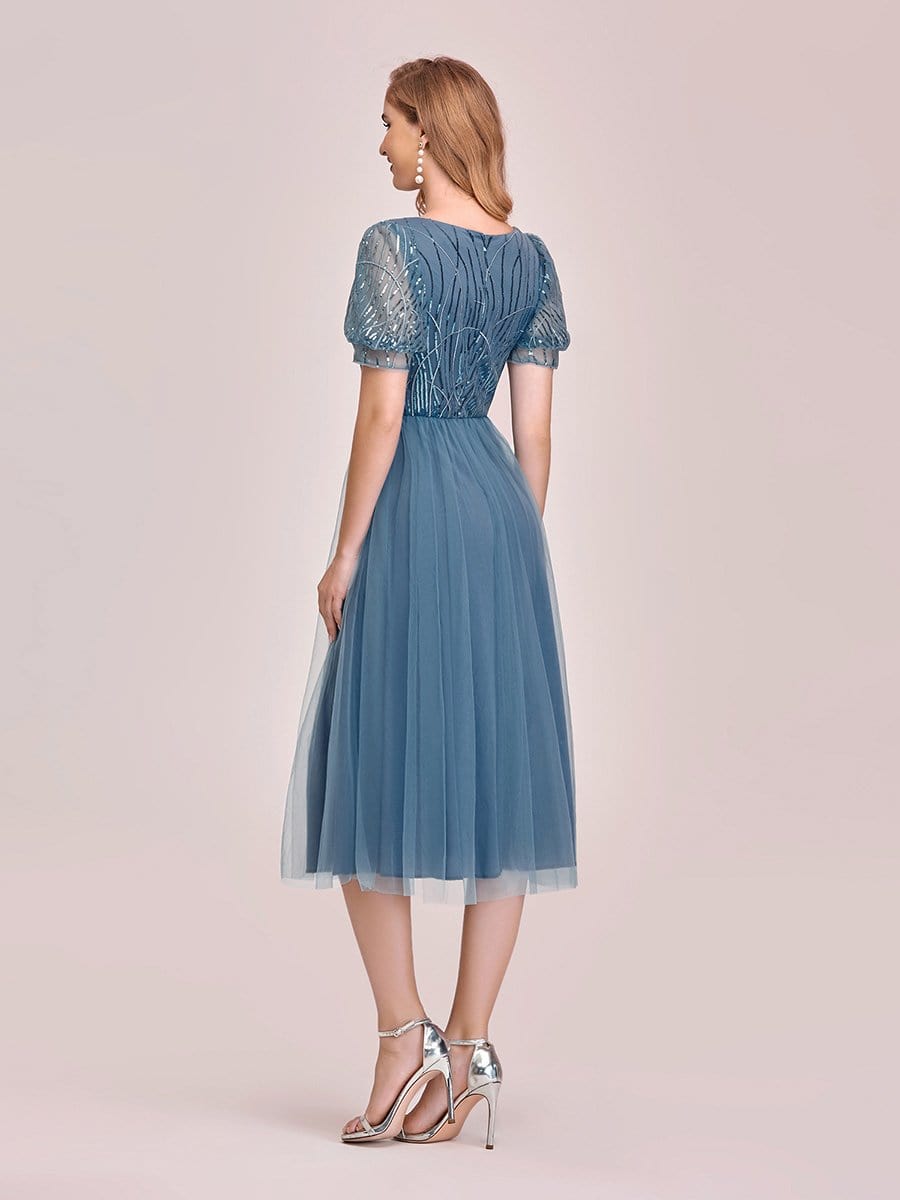 Color=Dusty Navy | Gorgeous V Neck Tulle Knee-Length Cocktail Dress With Sequin-Dusty Navy 2
