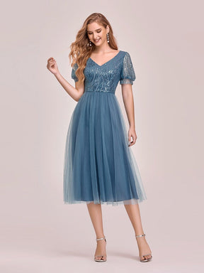 Color=Dusty Navy | Gorgeous V Neck Tulle Knee-Length Cocktail Dress With Sequin-Dusty Navy 4