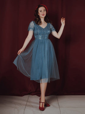 Color=Dusty Navy | Gorgeous V Neck Tulle Knee-Length Cocktail Dress With Sequin-Dusty Navy 6