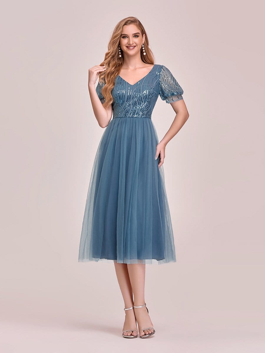 Color=Dusty Navy | Gorgeous V Neck Tulle Knee-Length Cocktail Dress With Sequin-Dusty Navy 1