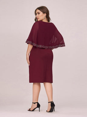 Color=Burgundy | Elegant Round Neck Knee-Length Plus Size Work Dress For Party-Burgundy 2