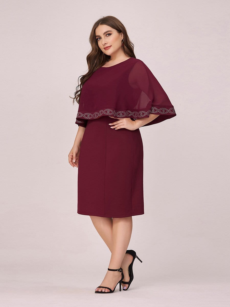 Color=Burgundy | Elegant Round Neck Knee-Length Plus Size Work Dress For Party-Burgundy 3