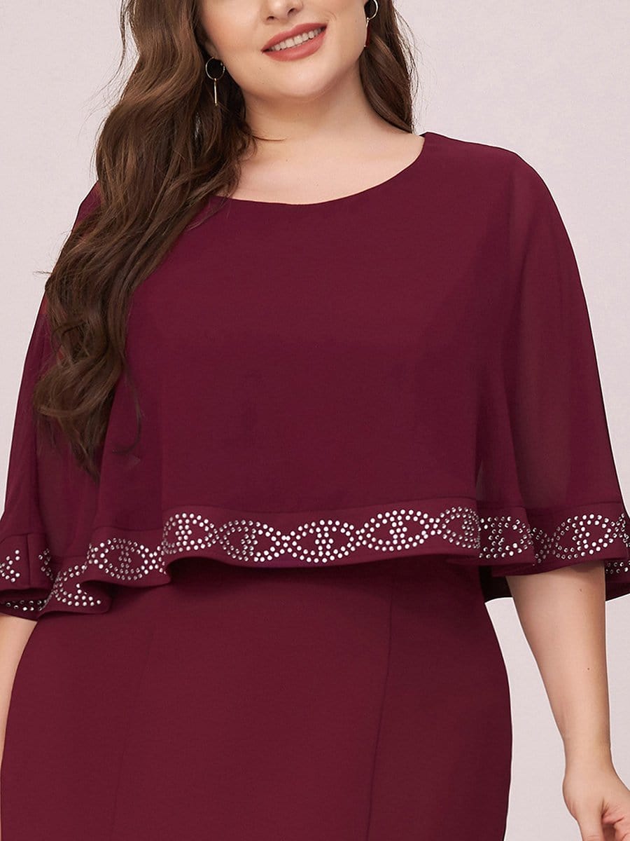 Color=Burgundy | Elegant Round Neck Knee-Length Plus Size Work Dress For Party-Burgundy 5