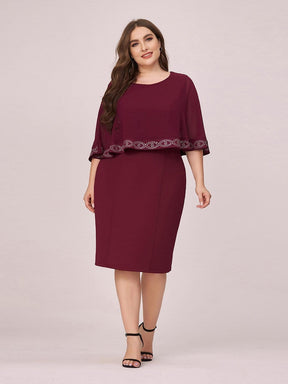 Color=Burgundy | Elegant Round Neck Knee-Length Plus Size Work Dress For Party-Burgundy 1