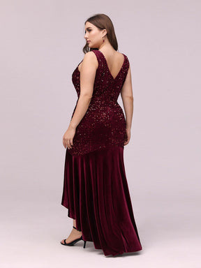 Color=Burgundy | Women'S Sexy High-Low Sequin & Velvet Evening Dress For Cocktail-Burgundy 2