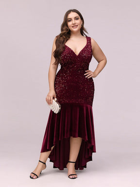Color=Burgundy | Women'S Sexy High-Low Sequin & Velvet Evening Dress For Cocktail-Burgundy 4