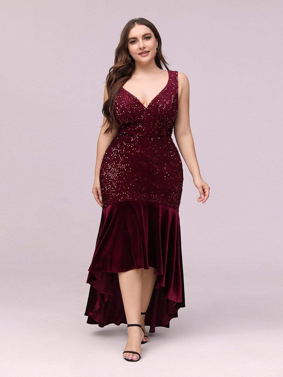 Color=Burgundy | Women'S Sexy High-Low Sequin & Velvet Evening Dress For Cocktail-Burgundy 6