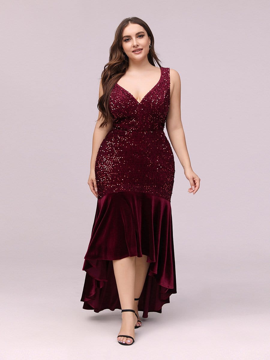 Color=Burgundy | Women'S Sexy High-Low Sequin & Velvet Evening Dress For Cocktail-Burgundy 1