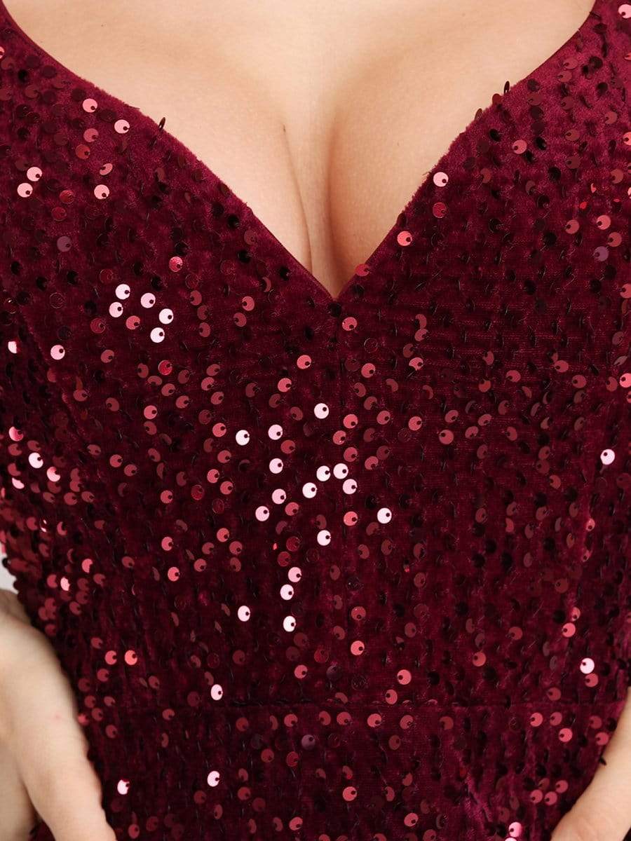 Color=Burgundy | Women'S Sexy High-Low Sequin & Velvet Evening Dress For Cocktail-Burgundy 8