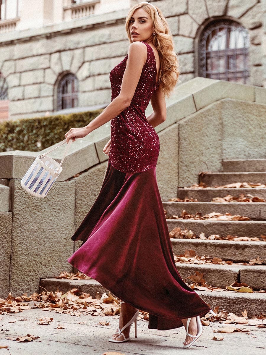 Color=Burgundy | Women'S Sexy High-Low Sequin & Velvet Evening Dress For Cocktail-Burgundy 1