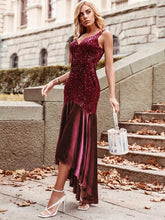 Color=Burgundy | Women'S Sexy High-Low Sequin & Velvet Evening Dress For Cocktail-Burgundy 3