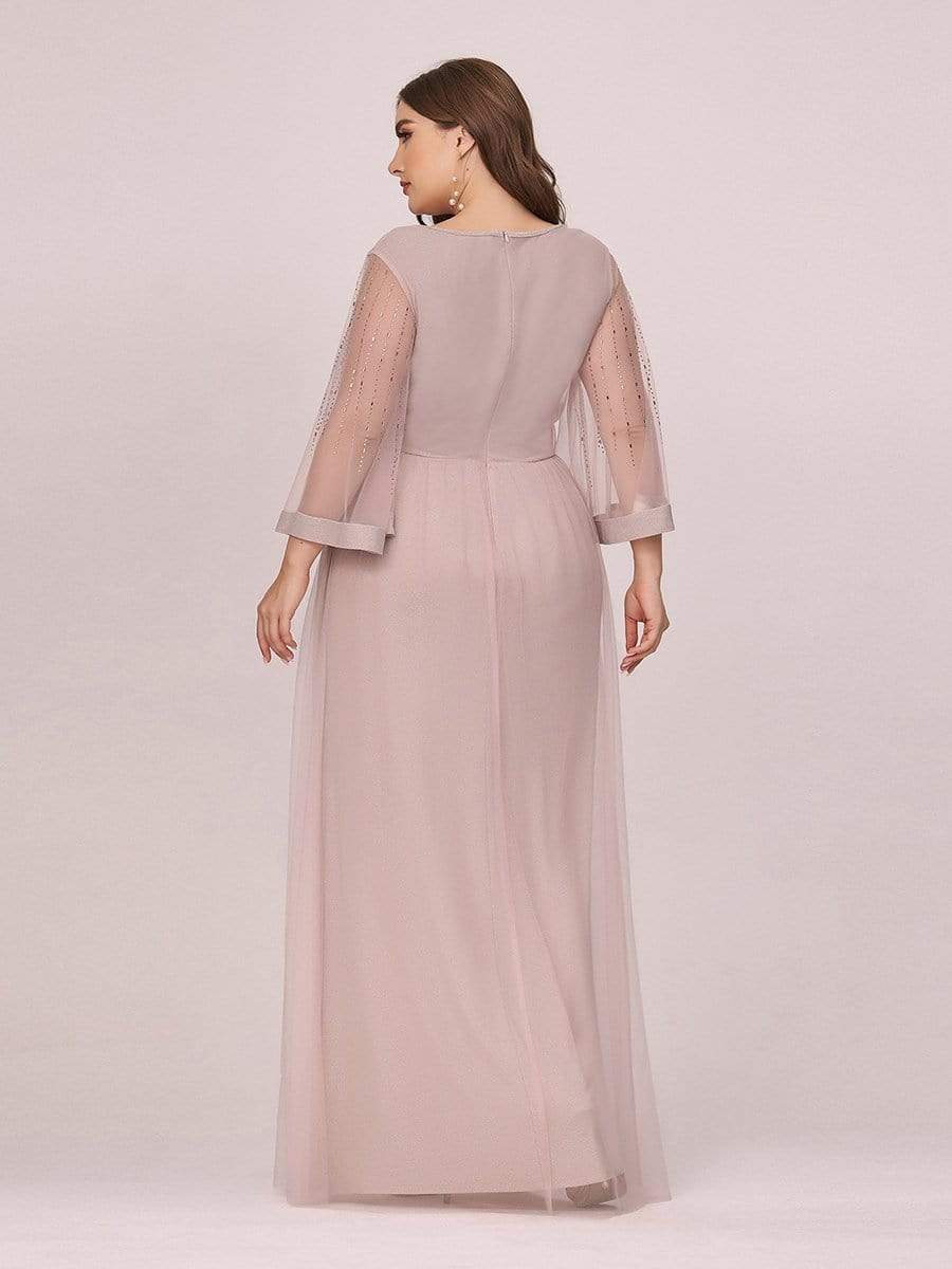 Color=Pink | Stunning V Neck Plus Size Evening Dress With Three Quarter Sleeves-Pink 2
