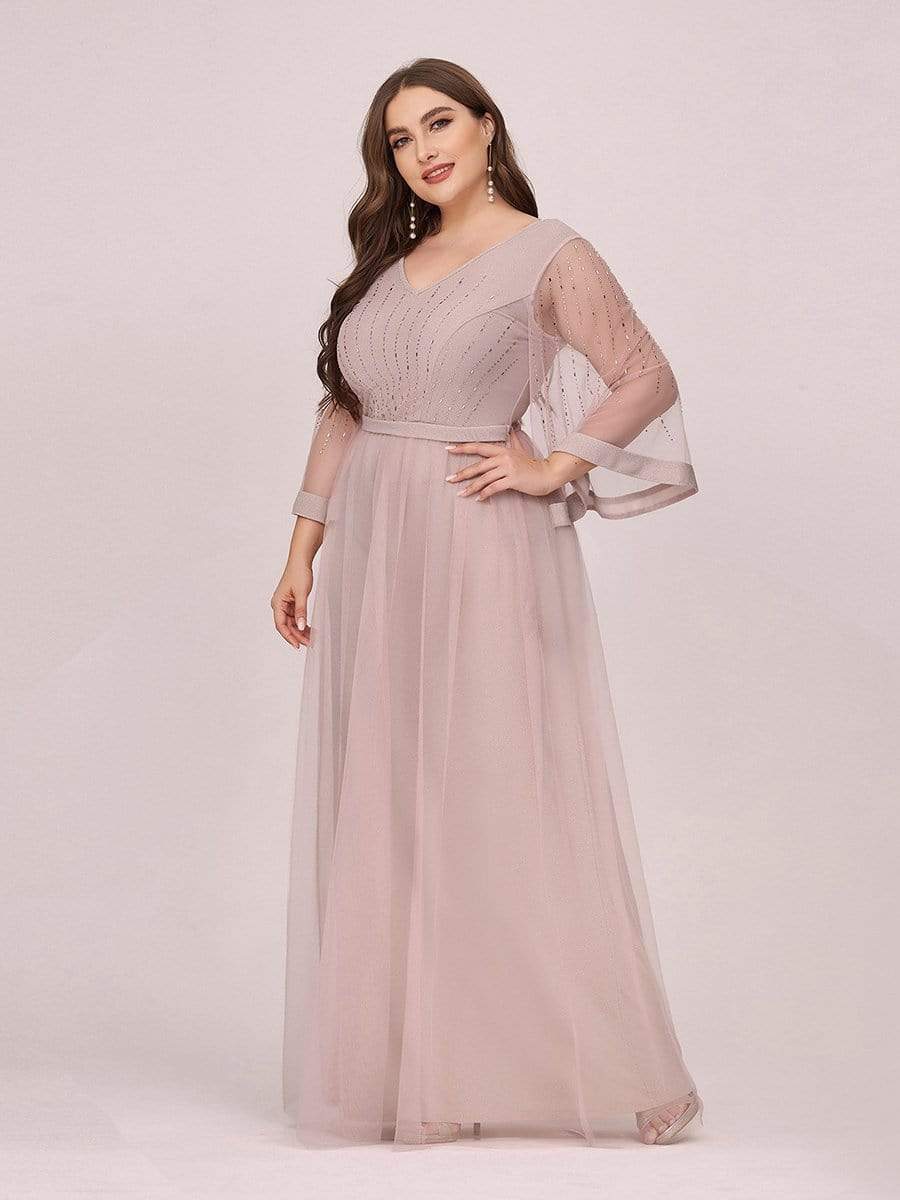 Color=Pink | Stunning V Neck Plus Size Evening Dress With Three Quarter Sleeves-Pink 3