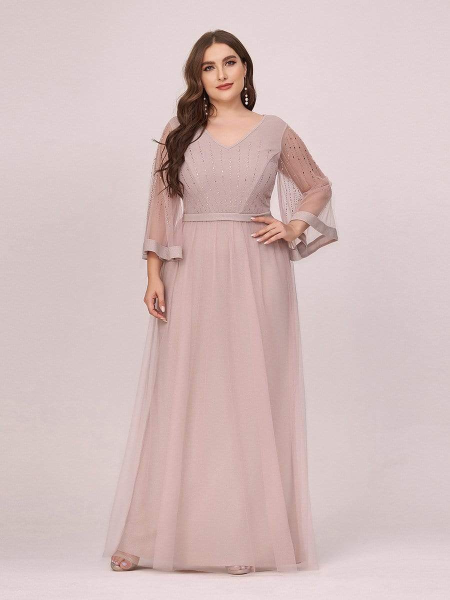 Color=Pink | Stunning V Neck Plus Size Evening Dress With Three Quarter Sleeves-Pink 4