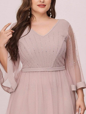 Color=Pink | Stunning V Neck Plus Size Evening Dress With Three Quarter Sleeves-Pink 5