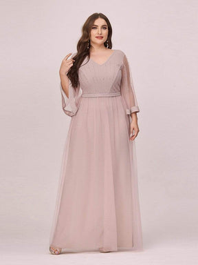 Color=Pink | Stunning V Neck Plus Size Evening Dress With Three Quarter Sleeves-Pink 1