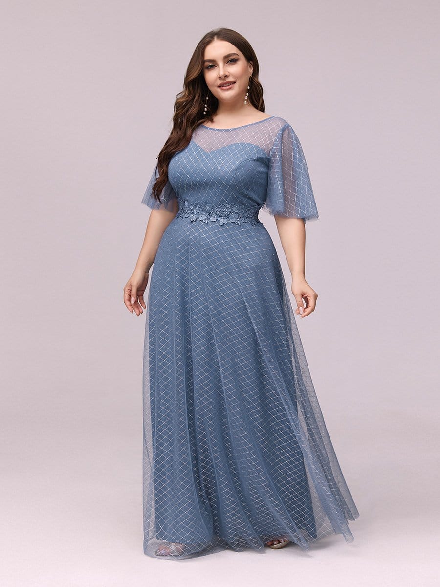 Color=Dusty Navy | Romantic A-Line Printed Tulle A-Line Prom Dresses With Appliques-Dusty Navy 3