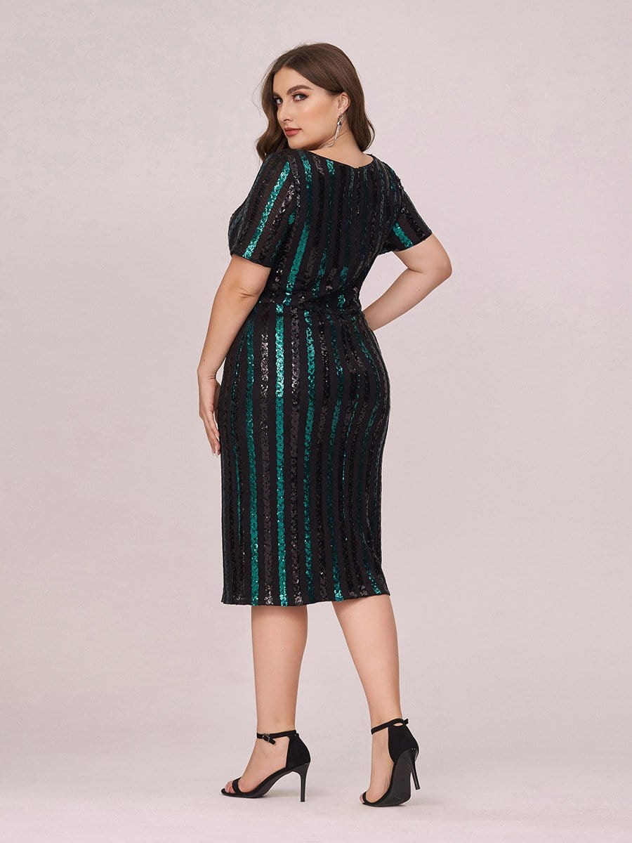 Color=Black | Stunning V Neck Bodycon Sequin Cocktail Plus Size Dress-Black 2