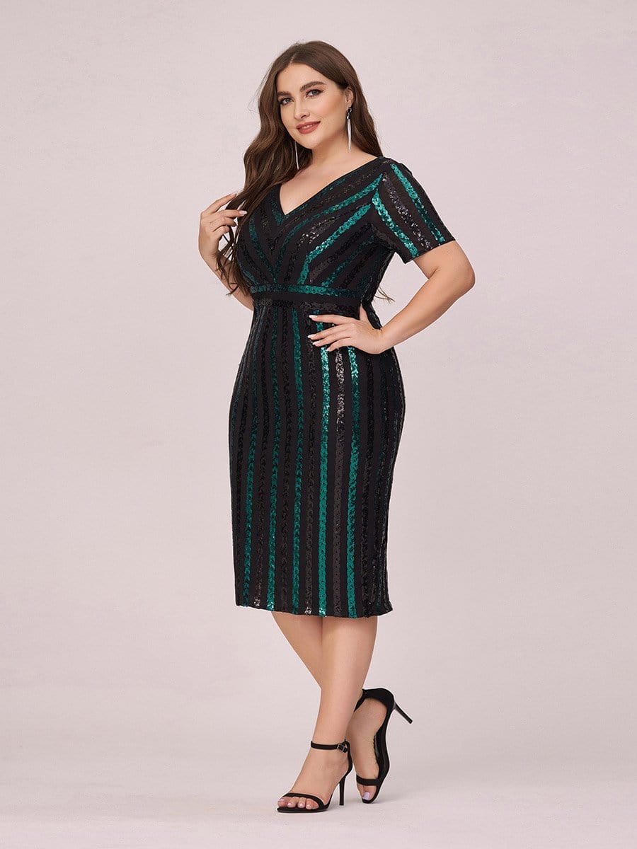 Color=Black | Stunning V Neck Bodycon Sequin Cocktail Plus Size Dress-Black 3