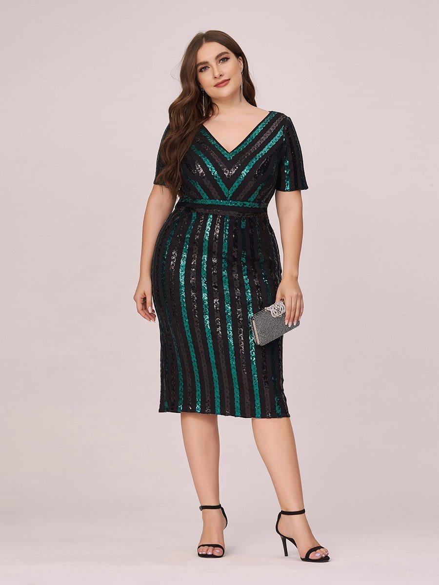 Color=Black | Stunning V Neck Bodycon Sequin Cocktail Plus Size Dress-Black 4