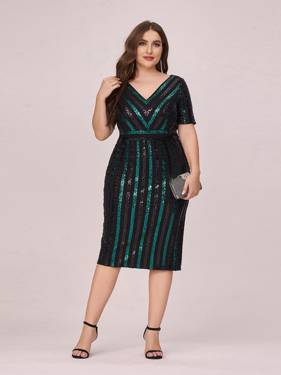 Color=Black | Stunning V Neck Bodycon Sequin Cocktail Plus Size Dress-Black 1