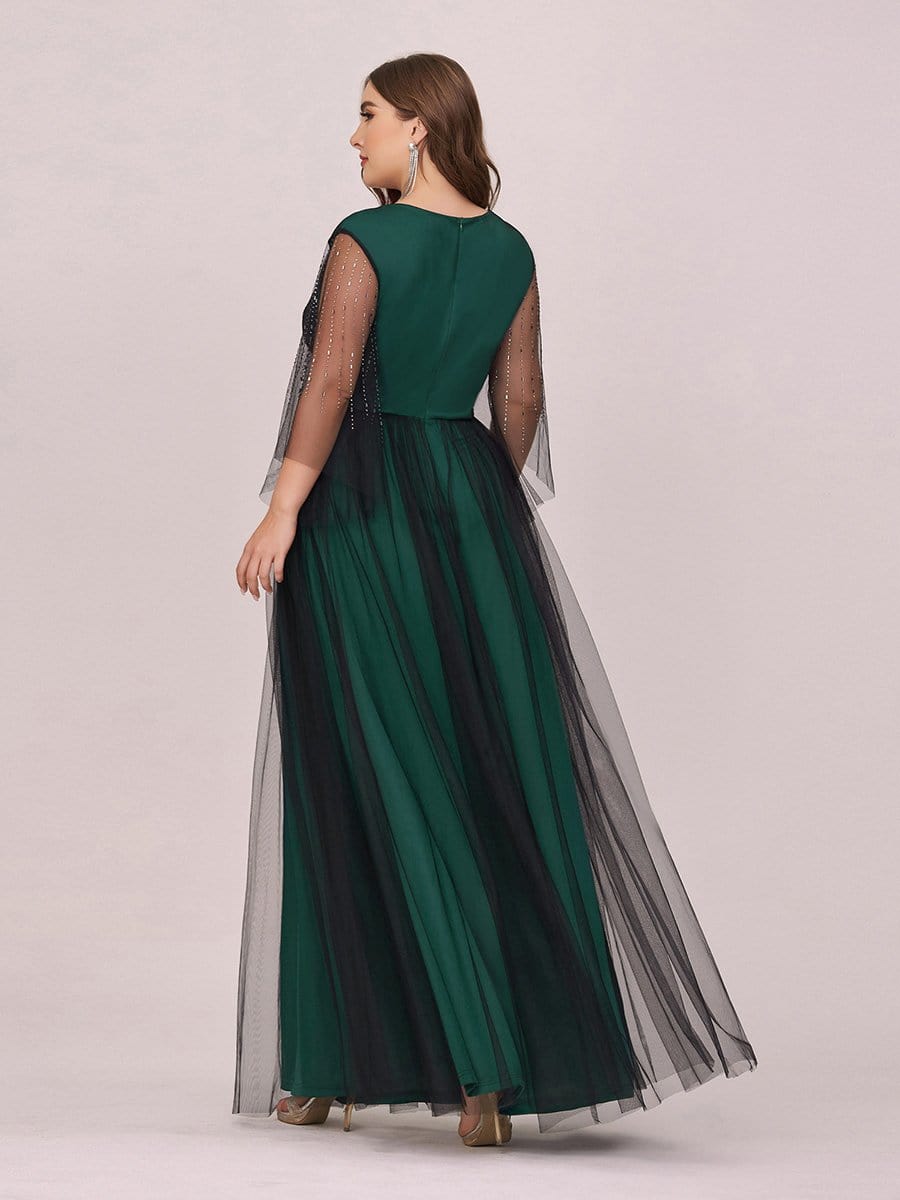 Unique Evening Dress | Tulle Green & Black Round Neck Plus Size