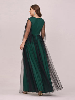 Color=Dark Green | Dainty Contrast Color Round Neck Tulle Plus Size Evening Dress-Dark Green 2
