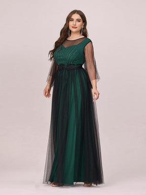 Color=Dark Green | Dainty Contrast Color Round Neck Tulle Plus Size Evening Dress-Dark Green 3